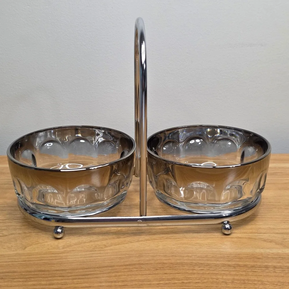 Vintage 1970's Arcoroc Thumbprint Bowls Mercury Silver‎ Color Rim Set of Two
